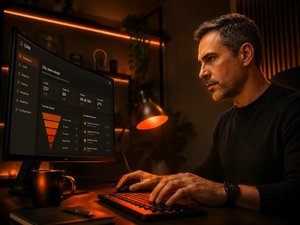 Consultor acompanhando o funil de vendas no CRM Pulsos, em um monitor sobre a mesa