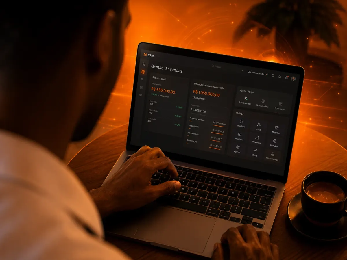Painel de gestão de vendas do Pulsos aberto em um notebook, com faturamento e oportunidades em negociação