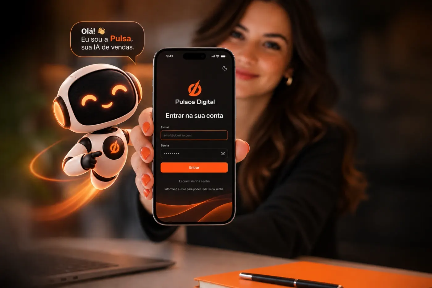 Pulsa, a assistente de IA do Pulsos Digital, ao lado de uma cliente segurando o aplicativo aberto